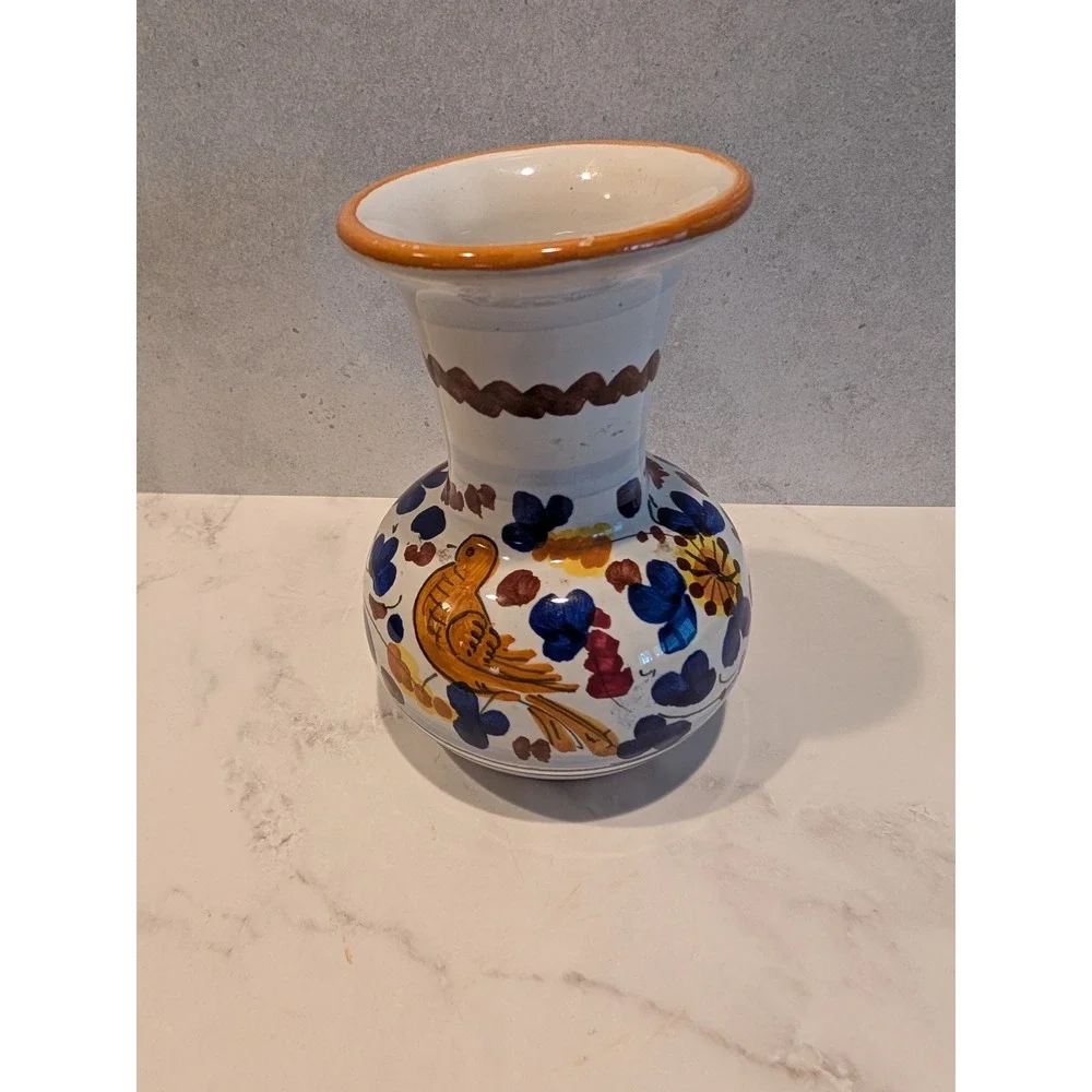 Amalfi Italian Pottery Hand Painted Bird Floral Bud Vase Handpainted 4.5 Inch